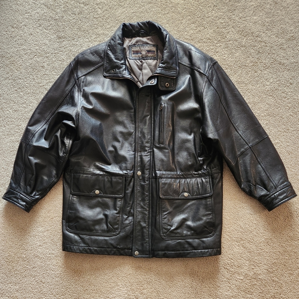 Members Only Men's Vintage Black Leather Field Jacket - Size Medium